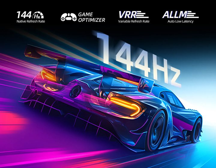 A race car at speed, badged 144Hz native refresh rate, Game Optimiser, VRR and ALLM