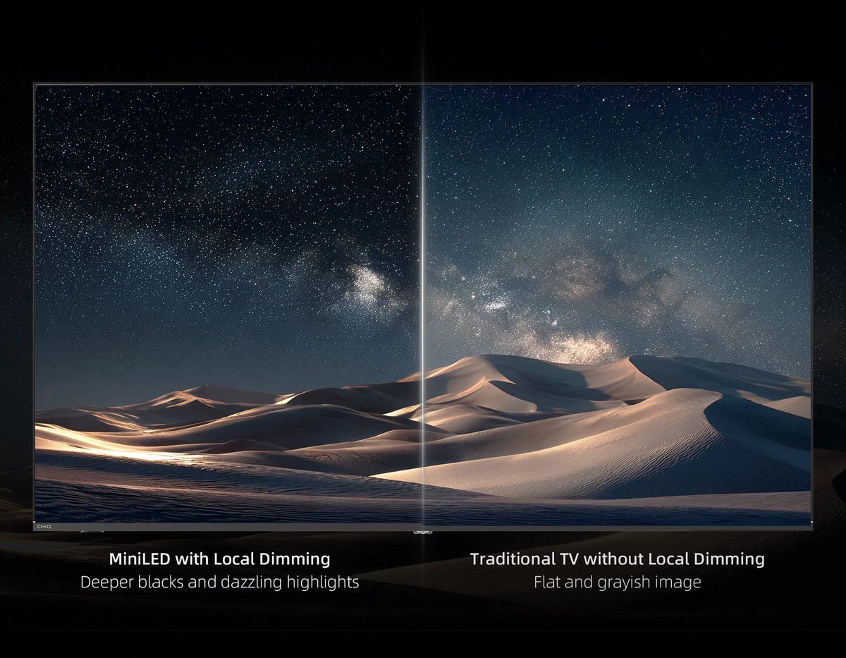 A night-sky desert scene split in two: mini LED with local dimming on the left, a traditional TV without local dimming on the right, greyer and flatter