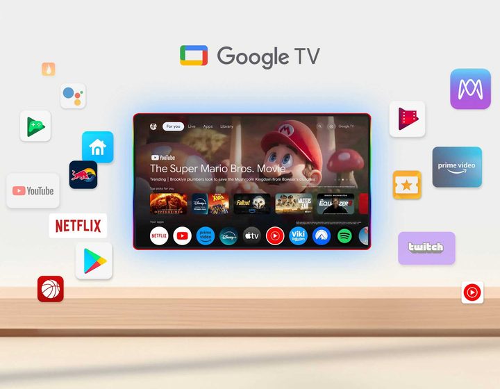 Google TV home screen surrounded by streaming app icons including Netflix, YouTube and Prime Video