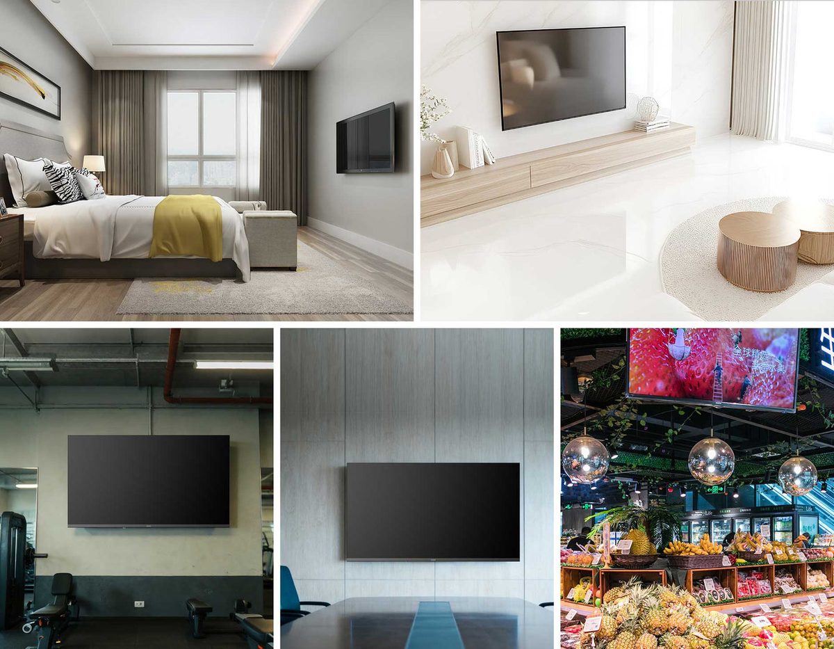 The same wall-mounted TV shown in a bedroom, a living room, a gym, a meeting room and a produce shop