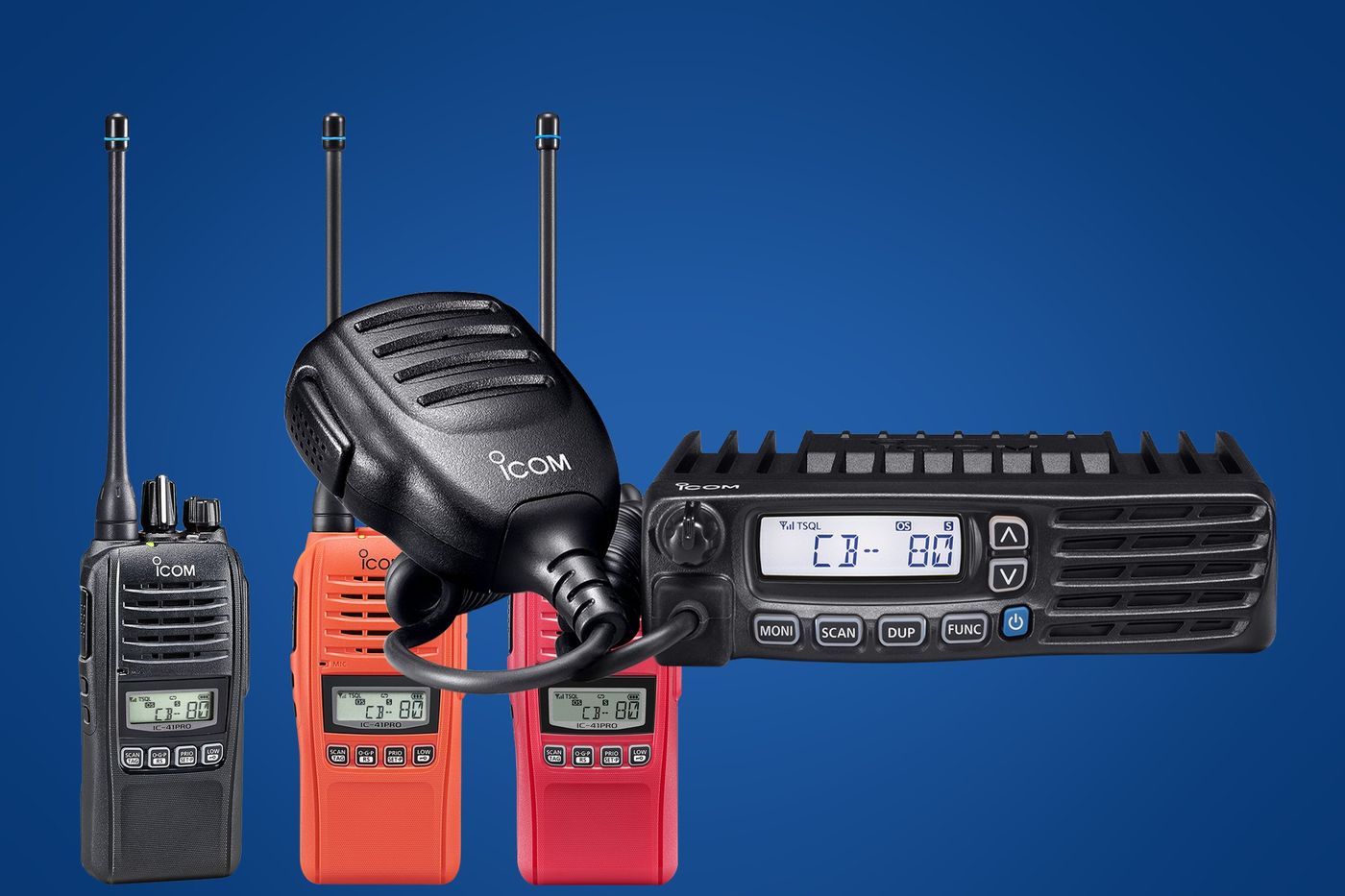 iCOM IC-41PRO handhelds in black, orange and red beside the IC-410PRO mobile