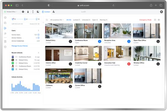 UniFi Access, showing door status tiles and recent unlock activity