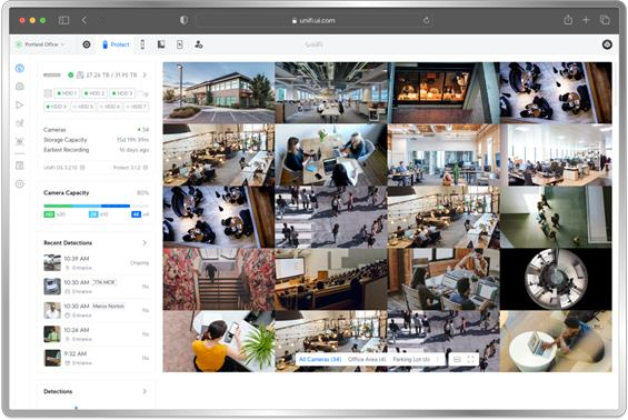 The UniFi Protect camera wall, showing live views from multiple cameras and recent detections